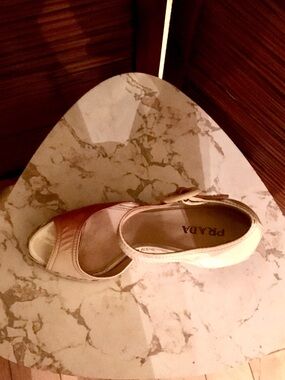 Prada Cream Leather Wedge Sandals with Ankle Buckle